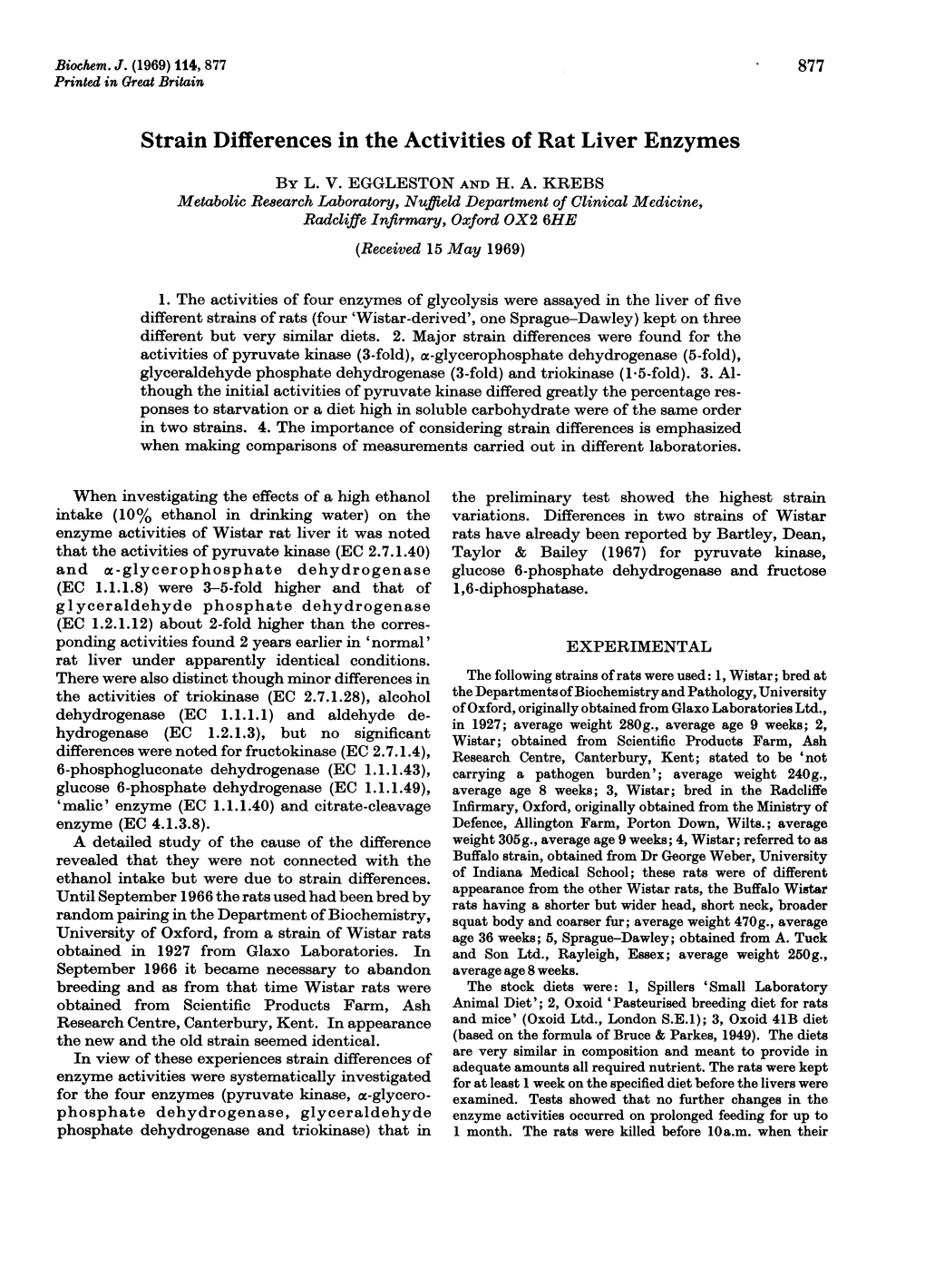 Strain Differences in the Activities of Rat Liver Enzymes