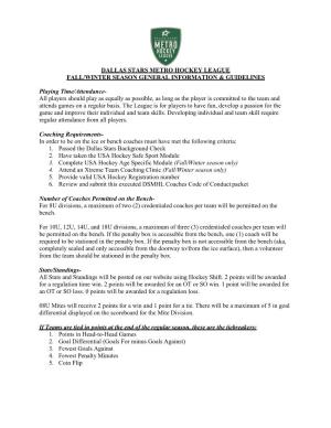Dallas Stars Metro Hockey League Fall/Winter Season General Information & Guidelines