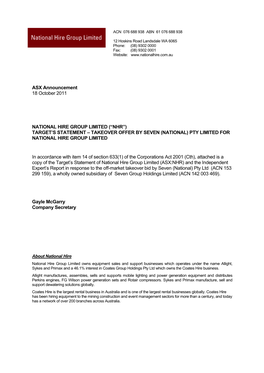 ASX Announcement 18 October 2011 NATIONAL HIRE GROUP LIMITED