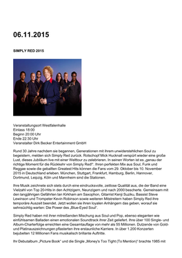 SIMPLY RED 2015 Veranstaltungsort Westfalenhalle Einlass 18:00