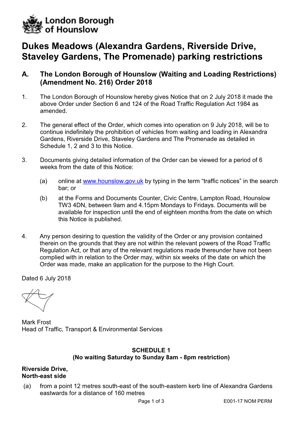 Dukes Meadows (Alexandra Gardens, Riverside Drive, Staveley Gardens, the Promenade) Parking Restrictions