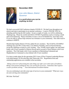 November 2020 Lion John Mason, District Governor