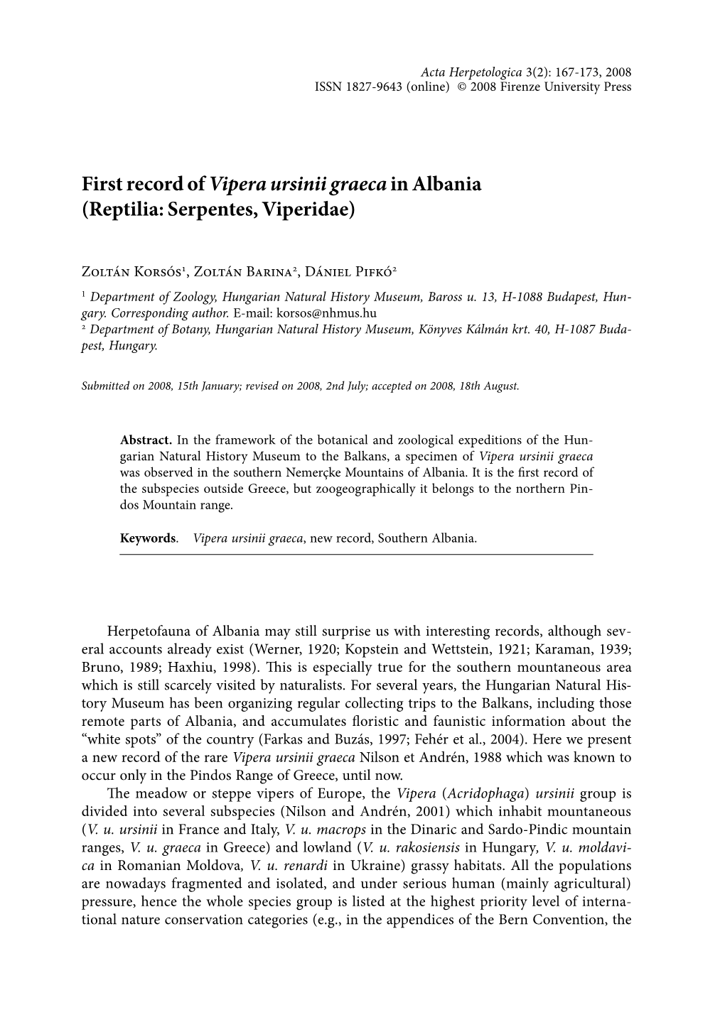 First Record of Vipera Ursinii Graecain Albania (Reptilia: Serpentes