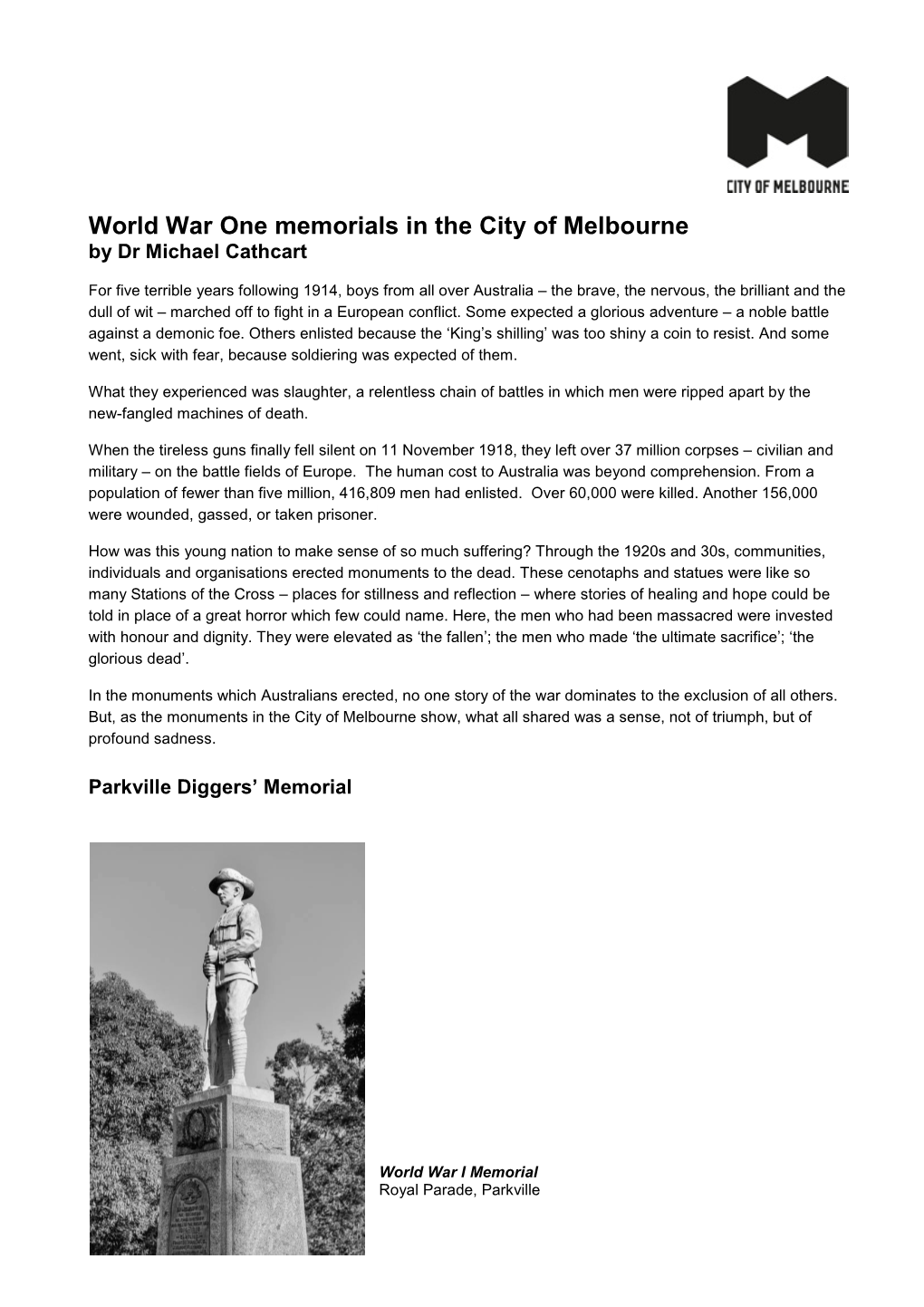 World War One Memorials in the City of Melbourne by Dr Michael Cathcart