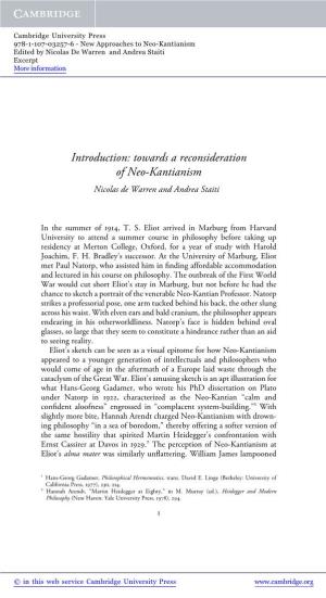Introduction: Towards a Reconsideration of Neo-Kantianism Nicolas De Warren and Andrea Staiti