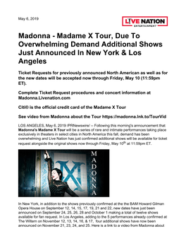 Madonna - Madame X Tour, Due to Overwhelming Demand Additional Shows Just Announced in New York & Los Angeles