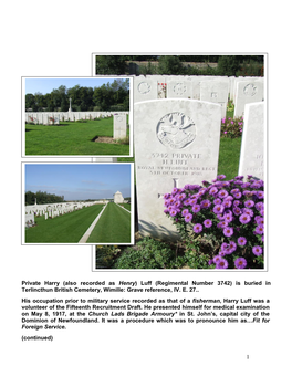 1 Private Harry (Also Recorded As Henry) Luff (Regimental Number 3742) Is Buried in Terlincthun British Cemetery, Wimille: Grave
