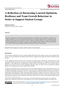 A Reflection on Harnessing Learned Optimism, Resilience and Team Growth Behaviour in Order to Support Student Groups