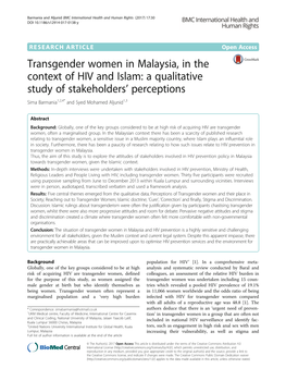 Transgender Women in Malaysia, in the Context of HIV and Islam: a Qualitative Study of Stakeholders’ Perceptions Sima Barmania1,2,4* and Syed Mohamed Aljunid1,3