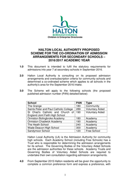 Halton Local Authority Proposed Scheme for the Co-Ordination of Admission Arrangements for Secondary Schools – 2016/2017 Academic Year
