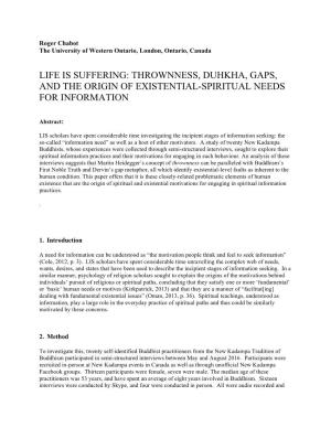 Life Is Suffering: Thrownness, Duhkha, Gaps, and the Origin of Existential-Spiritual Needs for Information