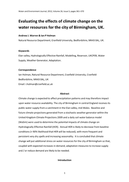 Evaluating the Effects of Climate Change on the Water Resources for the City of Birmingham, UK
