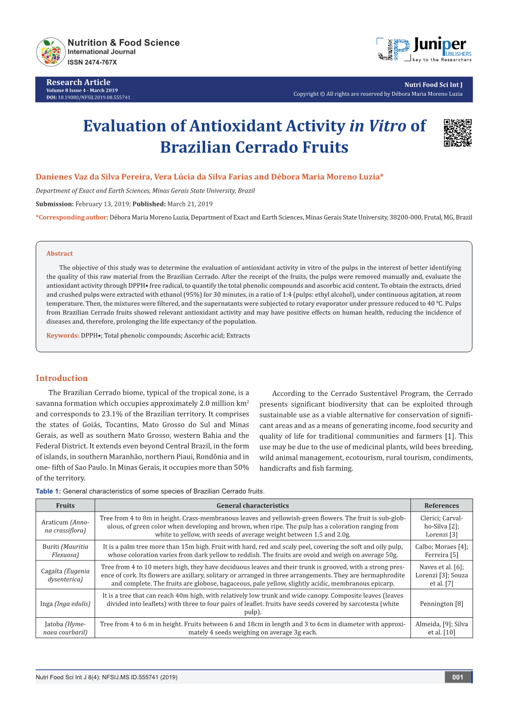 Evaluation of Antioxidant Activity in Vitro of Brazilian Cerrado Fruits