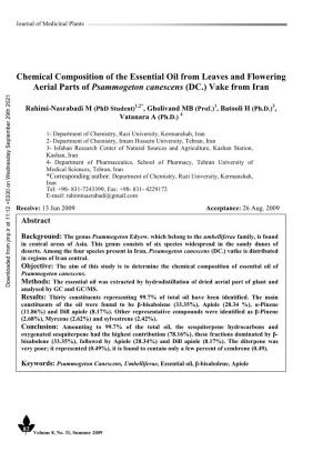 Chemical Composition of the Essential Oil from Leaves and Flowering Aerial Parts of Psammogeton Canescens (DC.) Vake from Iran