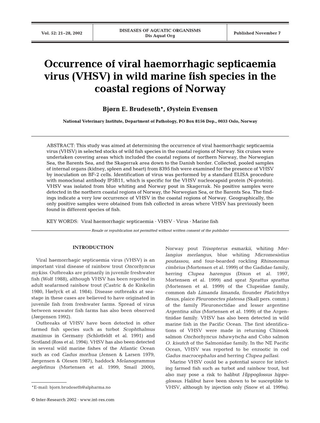 (VHSV) in Wild Marine Fish Species in the Coastal Regions of Norway