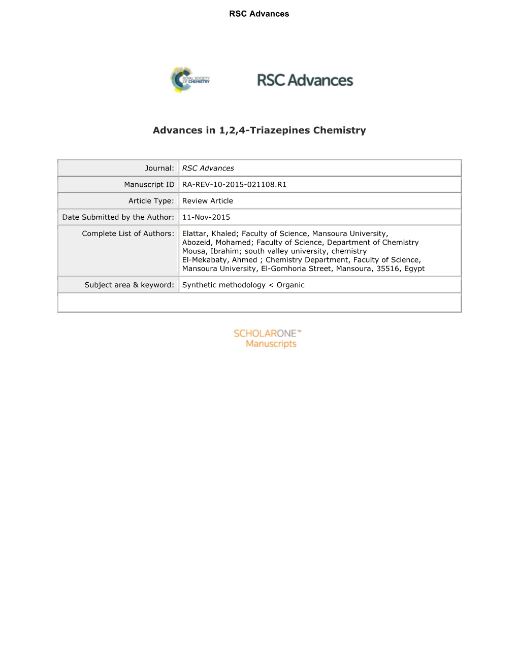 Advances in 1,2,4-Triazepines Chemistry Khaled M