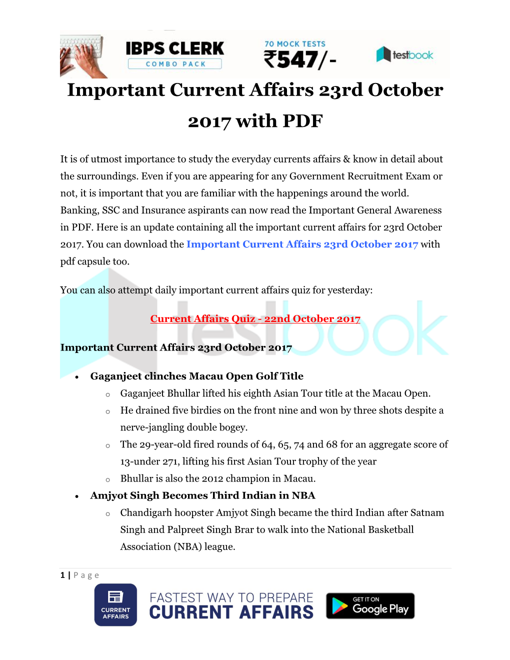Important Current Affairs 23Rd October 2017 with PDF