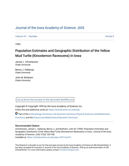 Population Estimates and Geographic Distribution of the Yellow Mud Turtle (Kinosternon Flavescens) in Iowa