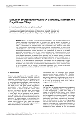 Evaluation of Groundwater Quality of Bachupally, Nizampet and Pragathinagar Village