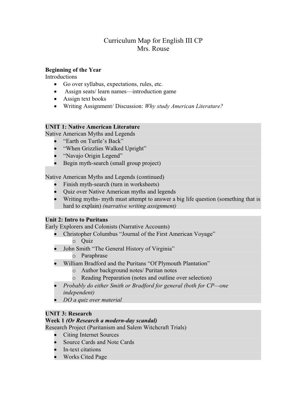 Curriculum Map for English III CP