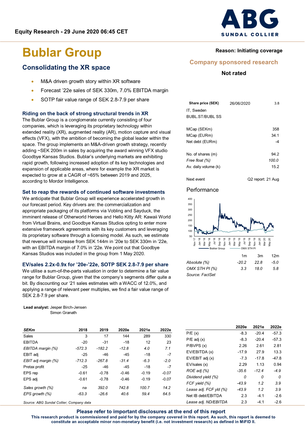 Bublar Group Reason: Initiating Coverage Company Sponsored Research Consolidating the XR Space Not Rated