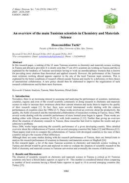 An Overview of the Main Tunisian Scientists in Chemistry and Materials Science