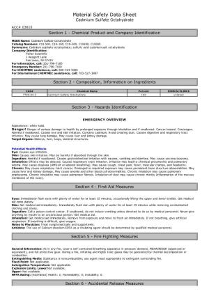 Material Safety Data Sheet Cadmium Sulfate Octahydrate ACC# 03810 Section 1 - Chemical Product and Company Identification