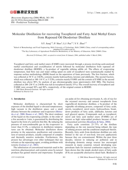 Molecular Distillation for Recovering Tocopherol and Fatty Acid Methyl Esters from Rapeseed Oil Deodoriser Distillate