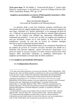 Texte Paru Dans: W. De Mulder, L. Tasmowski-De Ryck, C. Vetters (Éds), Relations Anaphoriques Et (In)Cohérence, Actes Du Colloque D'anvers (Déc