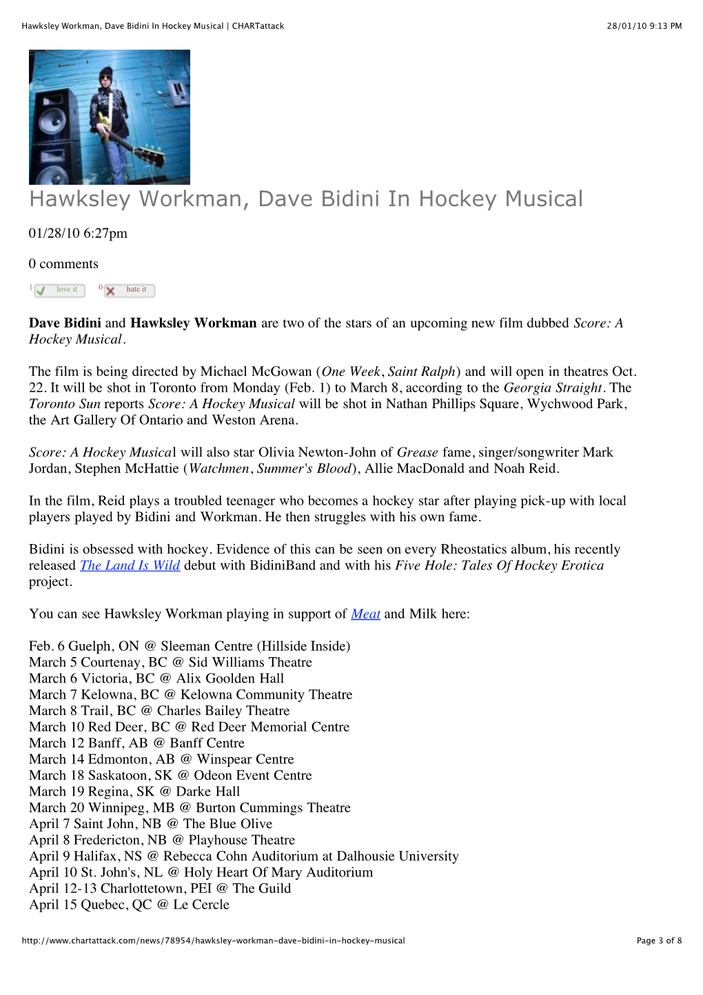 Hawksley Workman, Dave Bidini in Hockey Musical | Chartattack 28/01/10 9:13 PM