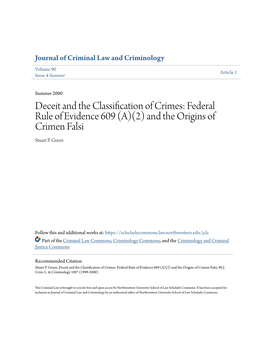 Deceit and the Classification of Crimes: Federal Rule of Evidence 609 (A)(2) and the Origins of Crimen Falsi Stuart P