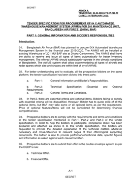 Tender Specification of 01Xlong Range Air Defence