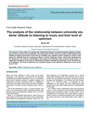 The Analysis of the Relationship Between University Stu- Dents' Attitude to Listening to Music and Their Level of Optimism