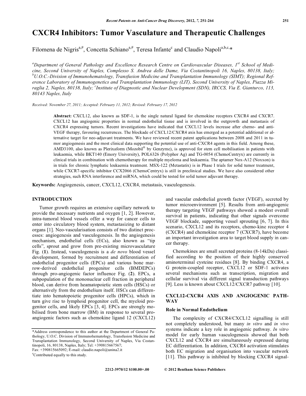 CXCR4 Inhibitors: Tumor Vasculature and Therapeutic Challenges