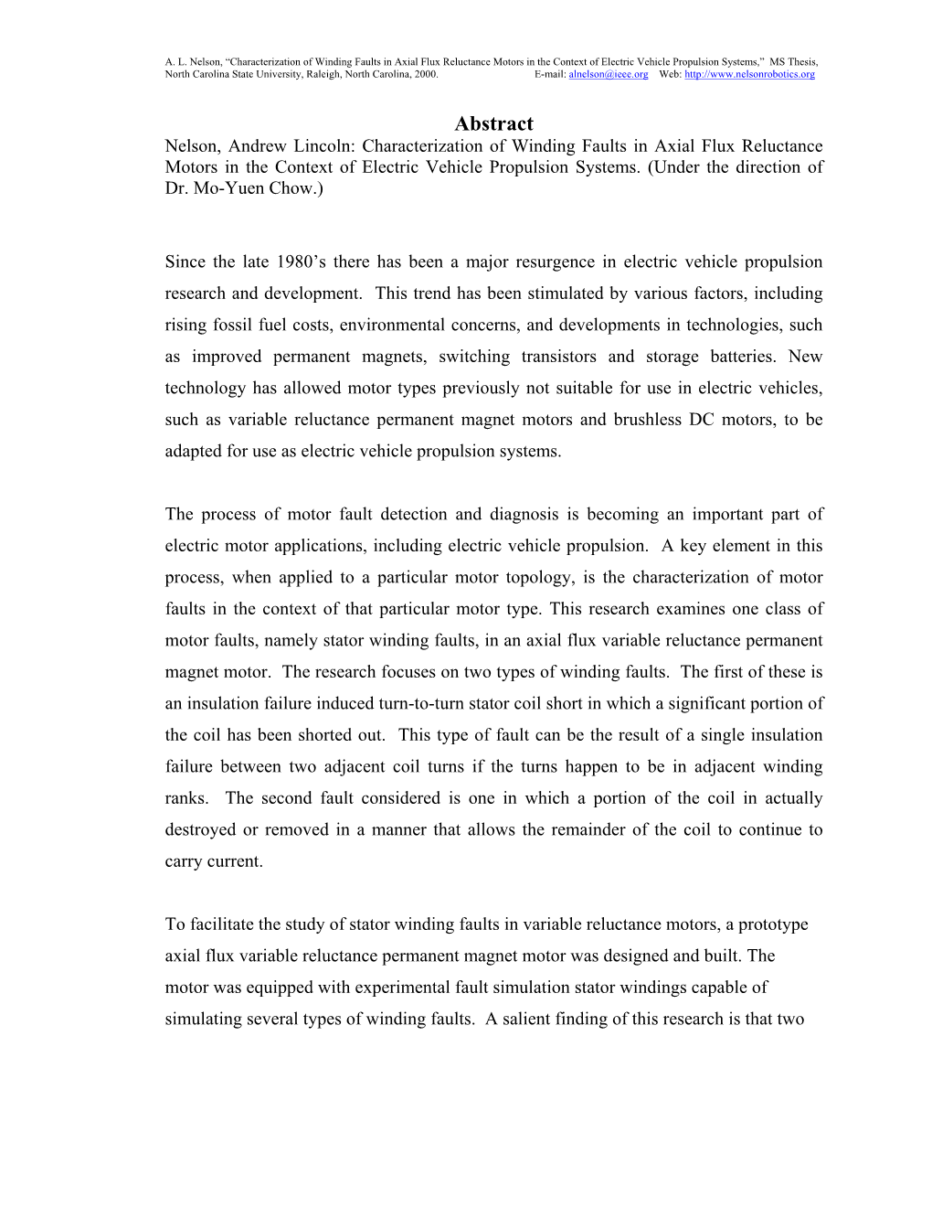 Abstract Nelson, Andrew Lincoln: Characterization of Winding Faults in Axial Flux Reluctance Motors in the Context of Electric Vehicle Propulsion Systems