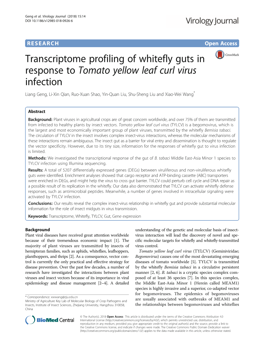 Transcriptome Profiling of Whitefly Guts in Response to Tomato Yellow Leaf