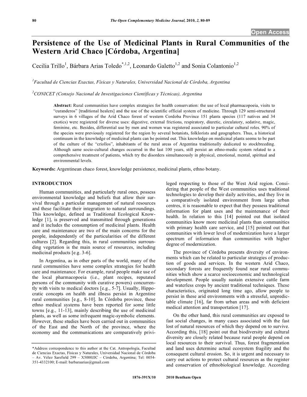 Persistence of the Use of Medicinal Plants in Rural Communities of the Western Arid Chaco [Córdoba, Argentina]