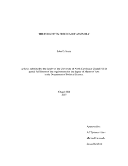 THE FORGOTTEN FREEDOM of ASSEMBLY John D. Inazu a Thesis Submitted to the Faculty of the University of North Carolina at Chapel