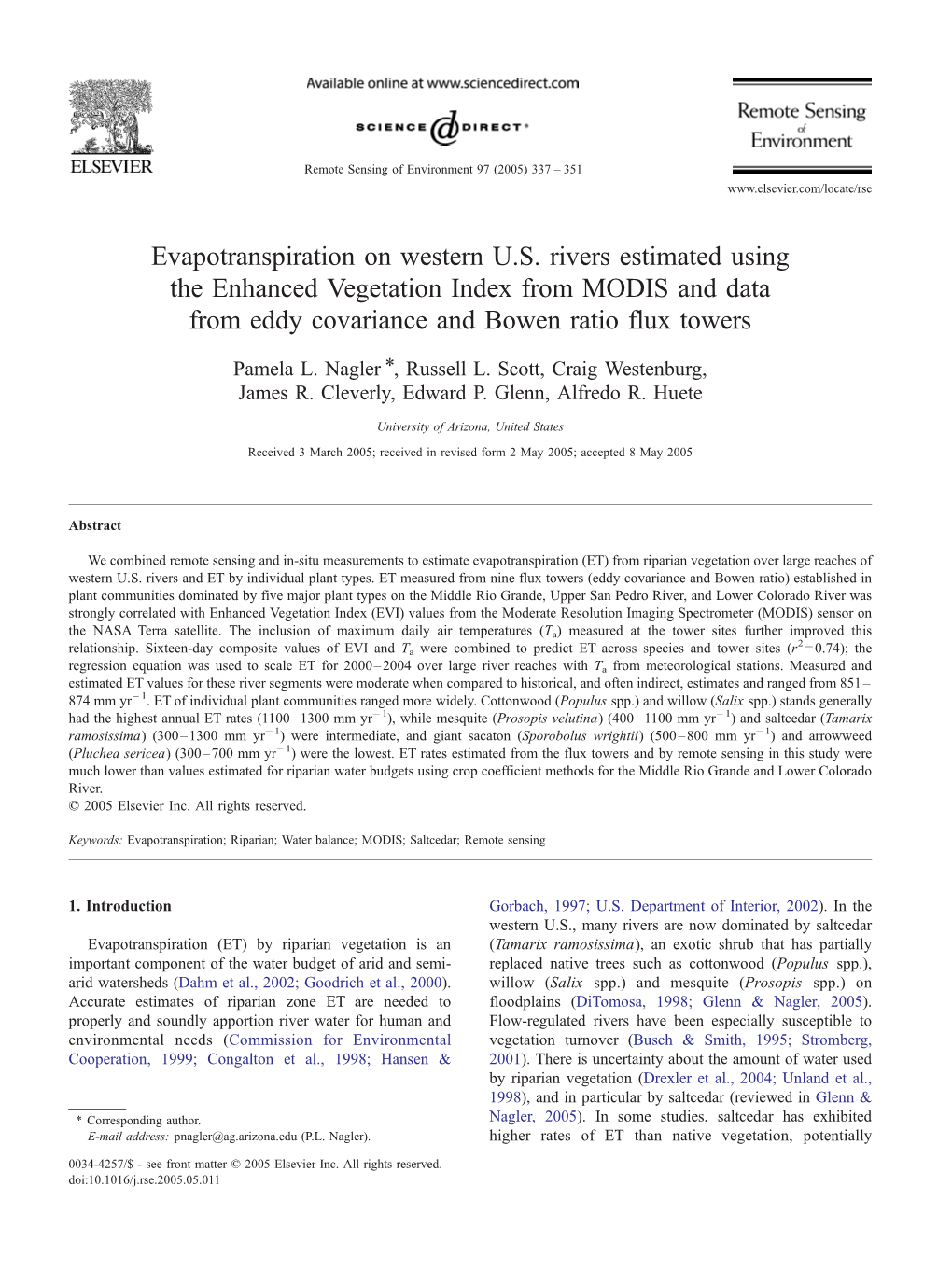 Evapotranspiration on Western U.S. Rivers Estimated Using the Enhanced Vegetation Index from MODIS and Data from Eddy Covariance and Bowen Ratio Flux Towers