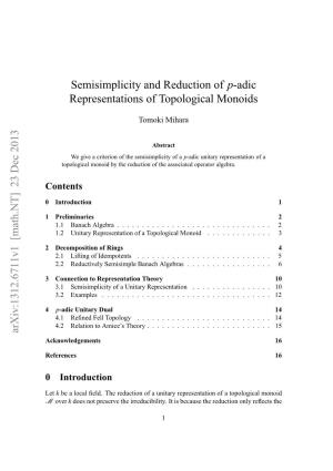 Semisimplicity and Reduction of P-Adic Representations Of