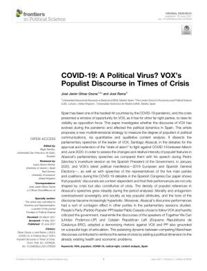 COVID-19: a Political Virus? VOX's Populist Discourse in Times of Crisis