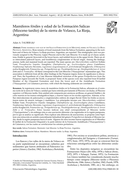 Mamíferos Fósiles Y Edad De La Formación Salicas (Mioceno Tardío) De La Sierra De Velasco, La Rioja, Argentina