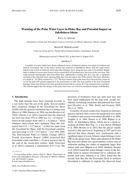 Warming of the Polar Water Layer in Disko Bay and Potential Impact on Jakobshavn Isbrae