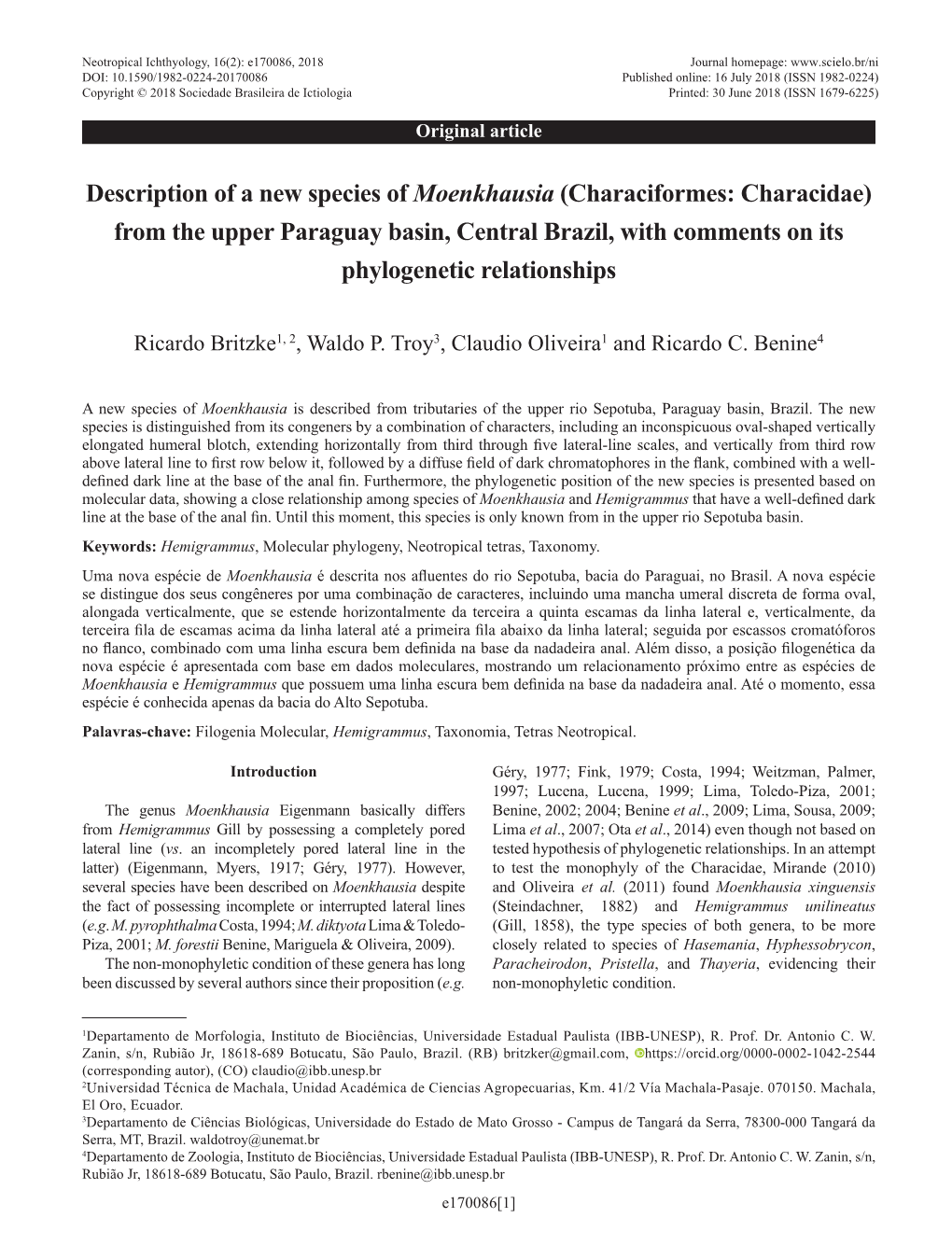 Description of a New Species of Moenkhausia (Characiformes: Characidae) from the Upper Paraguay Basin, Central Brazil, with Comments on Its Phylogenetic Relationships