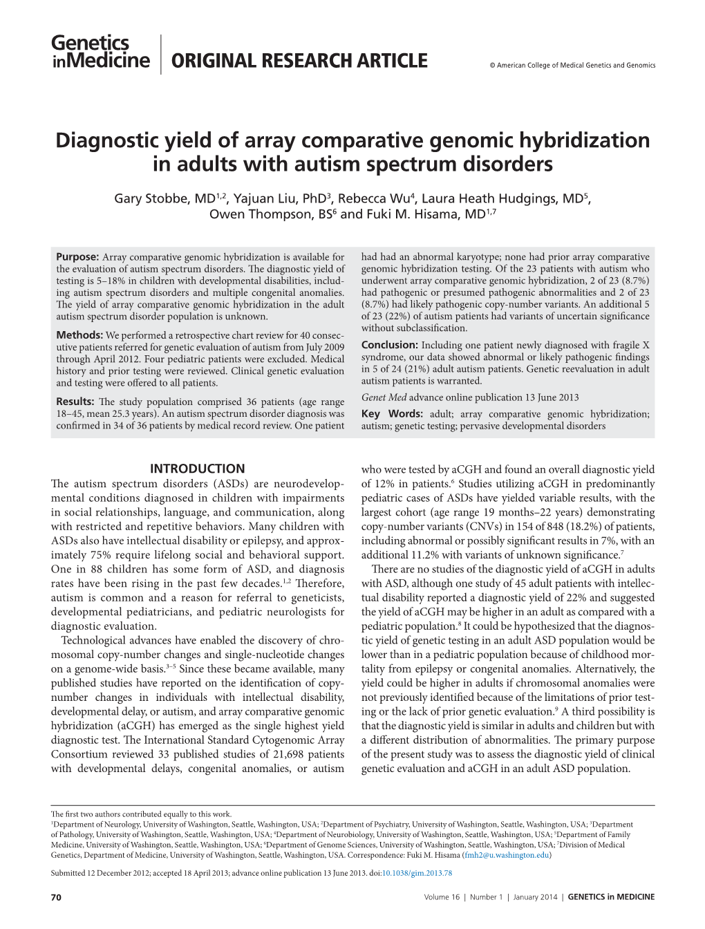 Diagnostic Yield of Array Comparative Genomic Hybridization in Adults with Autism Spectrum Disorders