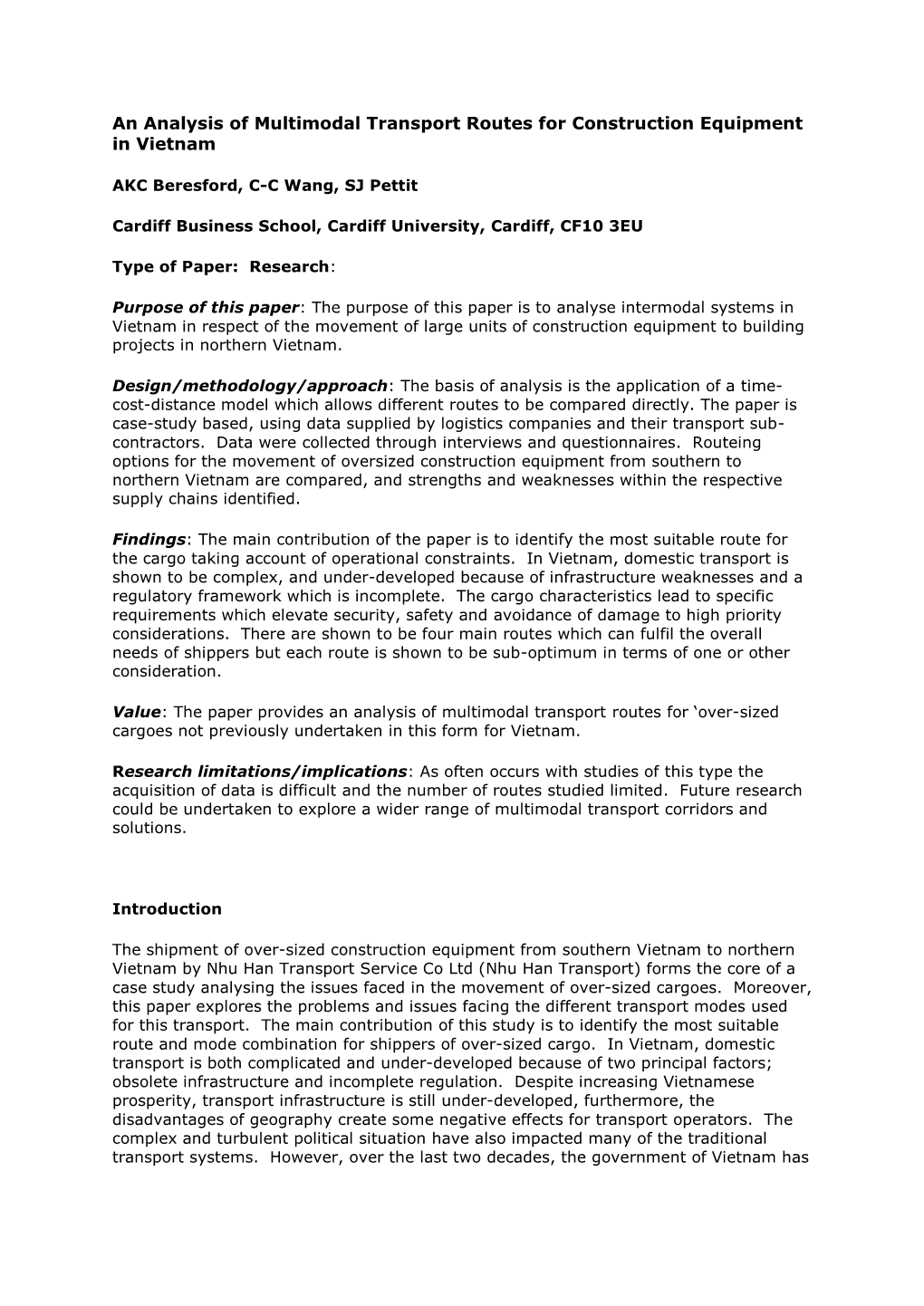 An Analysis of Multimodal Transport Routes for Construction Equipment in Vietnam