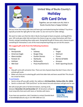 Holiday Gift Card Drive Together, We Can Make Sure ALL Kids in Bucks County Have a Happy Holiday!