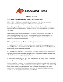 January 14, 2013 Ex-Transit Chief Lhota Heads Toward NY Mayoral