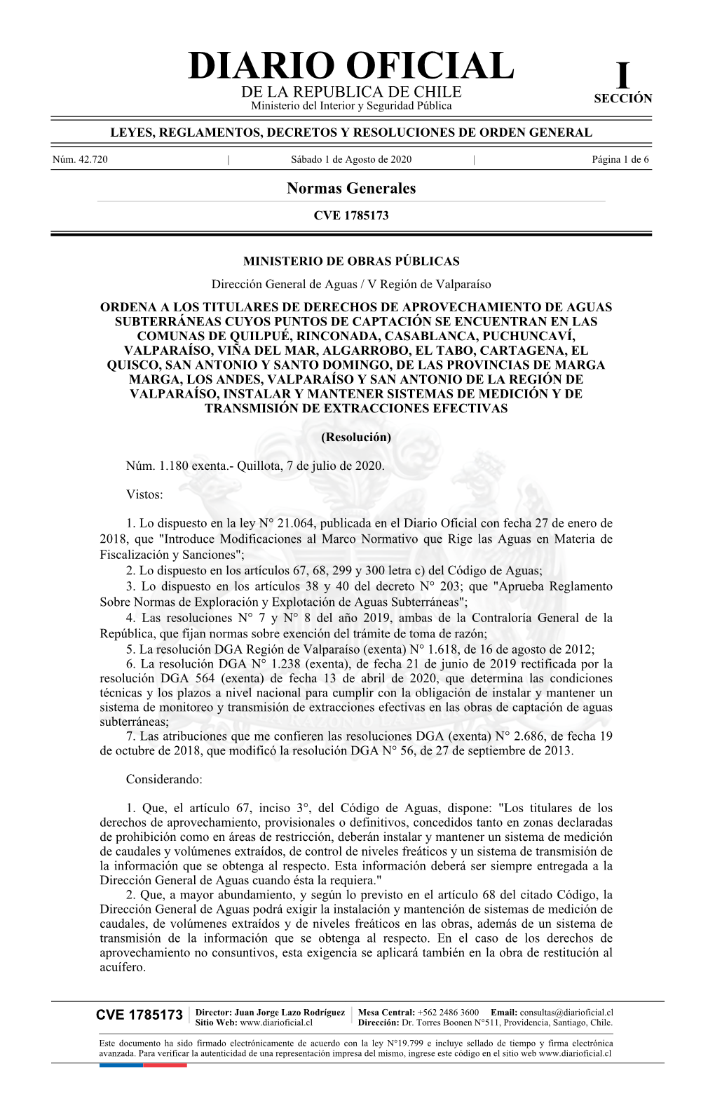 Publicación Diario Oficial Resolución D.G.A. Región De Valparaíso