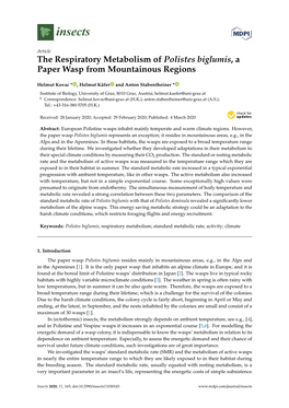 The Respiratory Metabolism of Polistes Biglumis, a Paper Wasp from Mountainous Regions